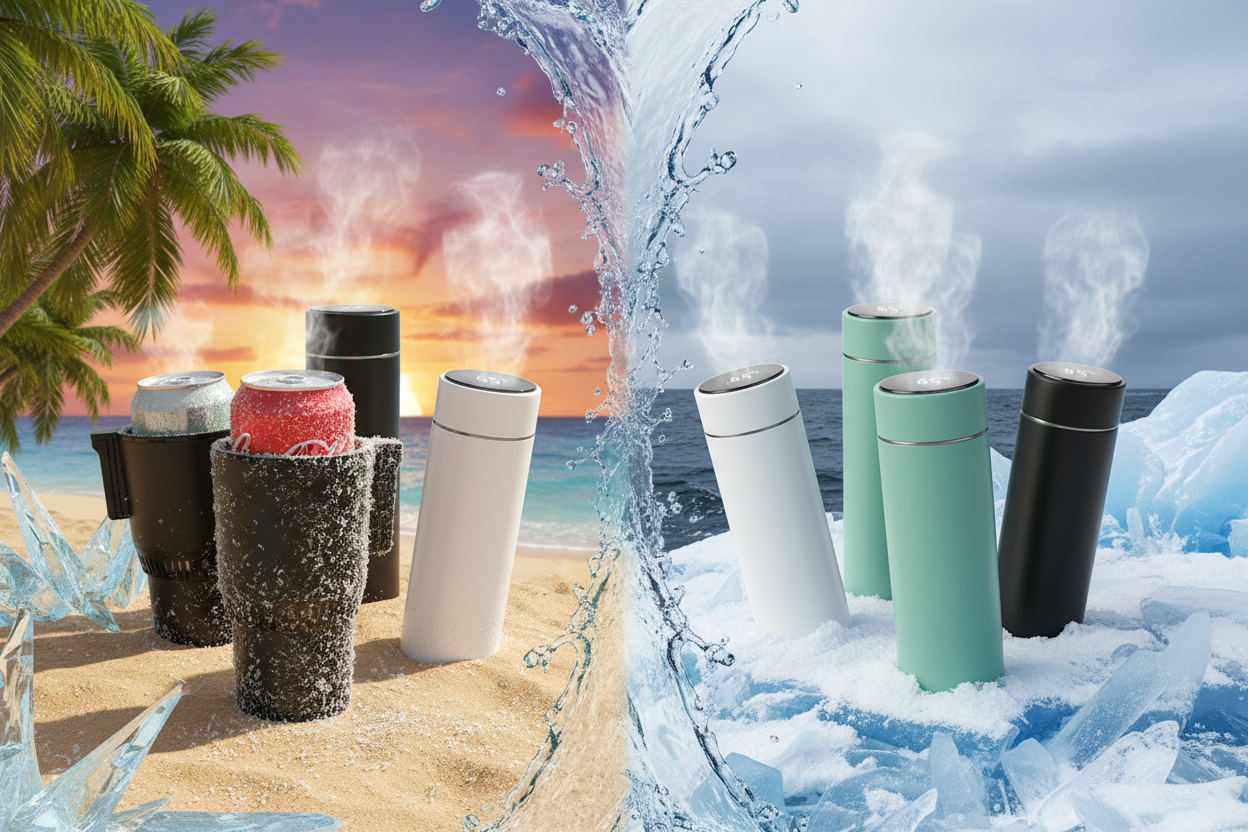 Smart cups in multiple colors with hot-cold beach contrast