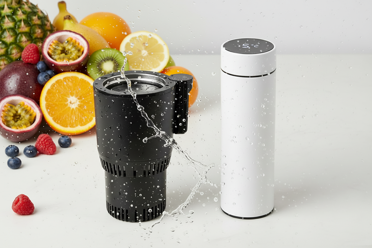 Smart cups with dynamic fruity background and water